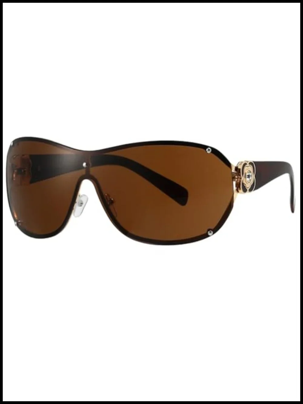 Oversized Y2K Shield Sunglasses with Rhinestone Camellia Motif UV400 Protection